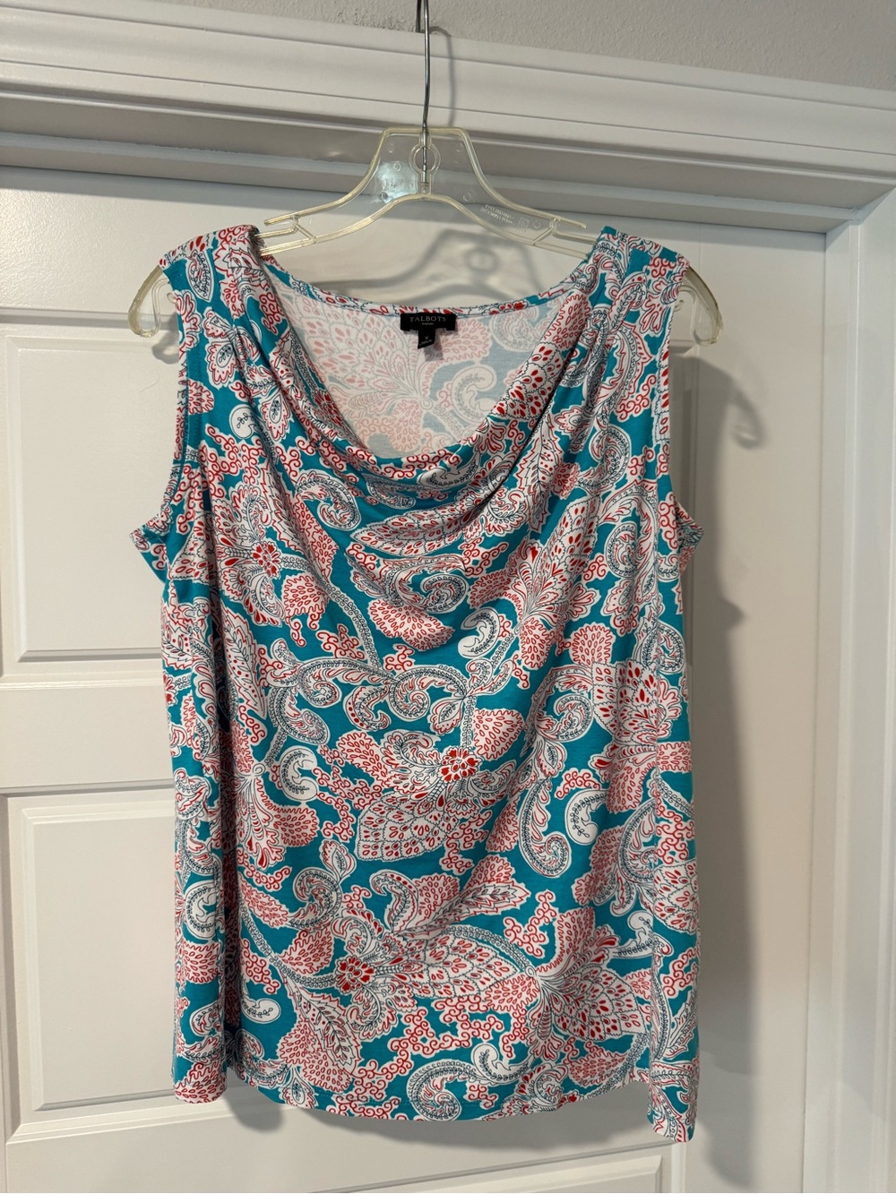 Talbots Teal, Coral and White Paisley Cowl Neck Sleeveless Top